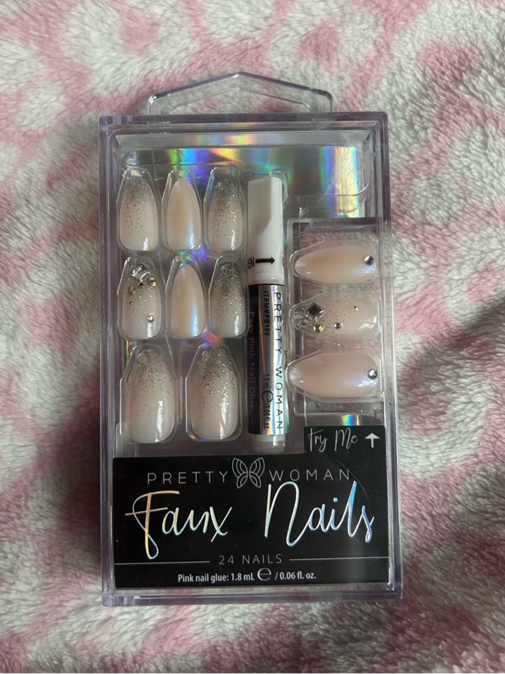 Pink Ombre Faux Press-On Nails with Rhinestones